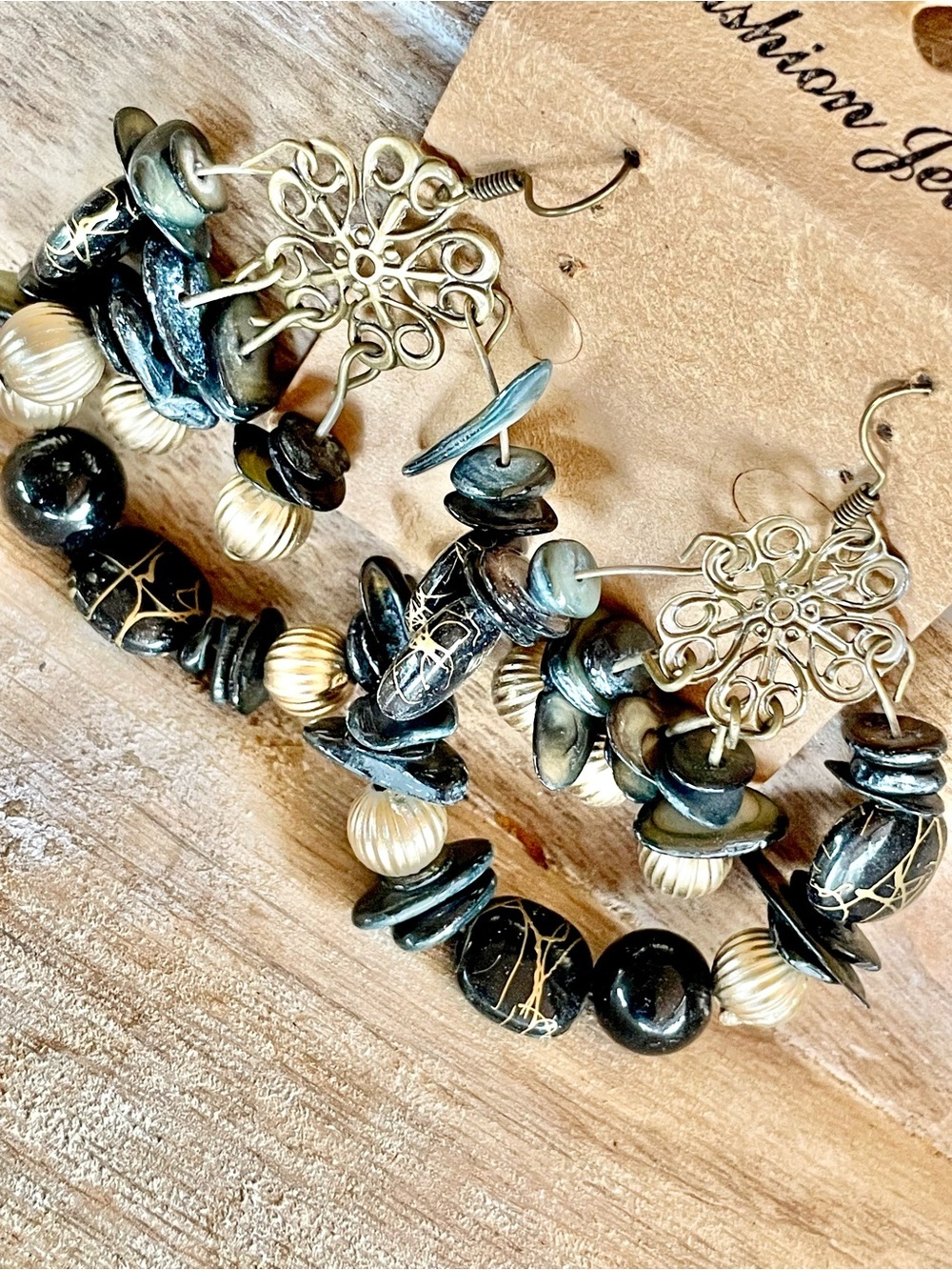 Handcrafted Large Boho Black and Cream Bead Hoop Earrings - Fashion Jewelry